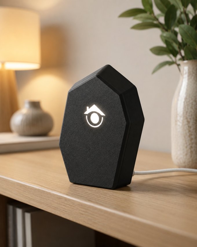 NoDieby Infraschallsensor mit leuchtendem Logo auf einem Sideboard im modernen Wohnzimmer – kompakter Smart-Home-Einbruchschutz.